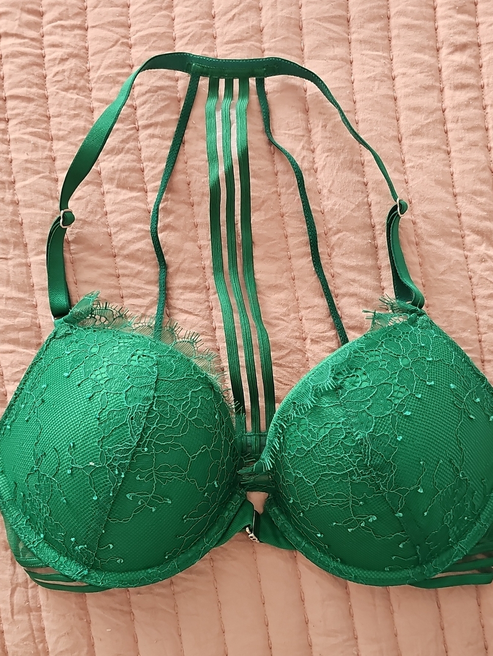 Victoria's Secret Green Lace Strappy Plunge Bra Sz 32C